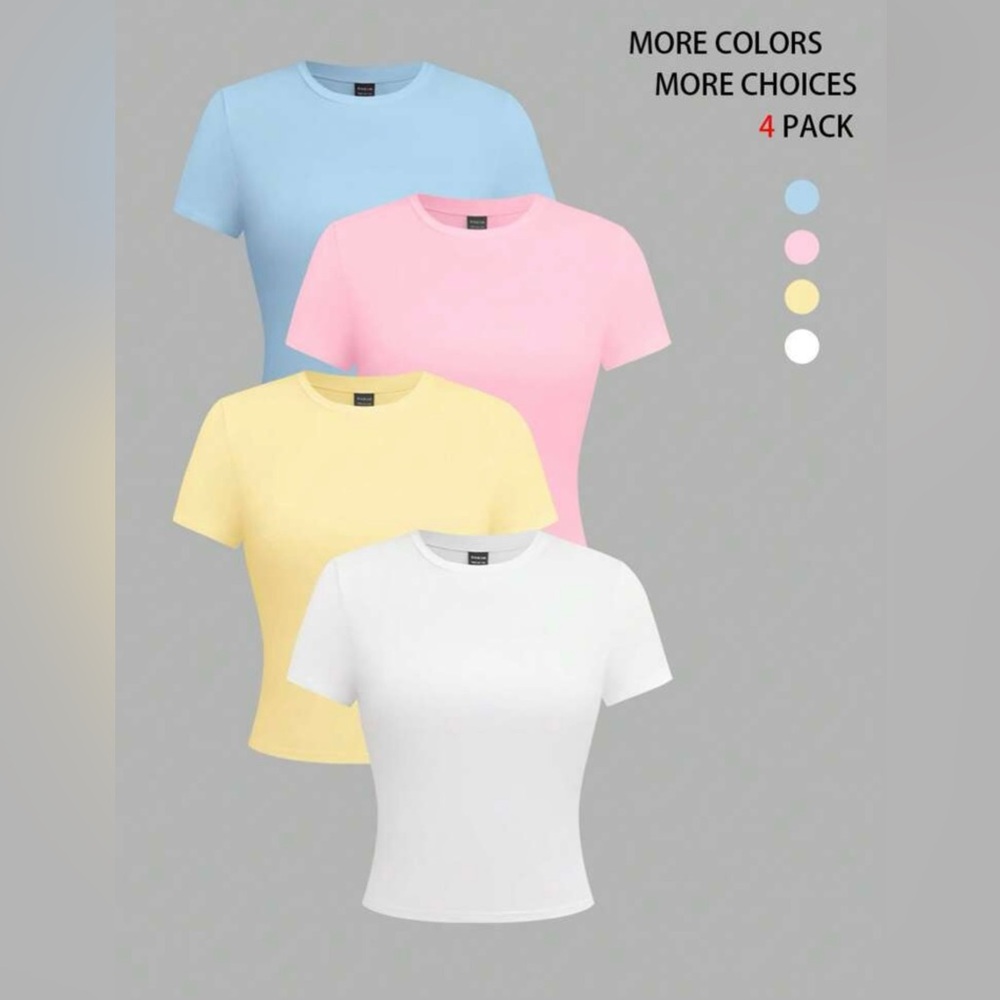 SHEIN Women's 4 Short Sleeve fitted Tees Pack - Blue, Pink, Yellow, White